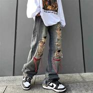 柯菲沃 美式街頭hiphop破洞牛仔褲男女韓版ins潮牌嘻哈高街痞帥寬松百搭直筒休閑拖地牛仔長褲 浩威-340 圖色 XL