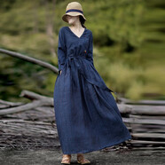 知筆墨復古文藝亞麻小V領(lǐng)高腰連衣裙 顯高系帶收腰旅行長(cháng)裙 預售 藏藍色 均碼