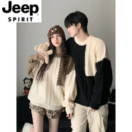 JEEP SPIRIT情侶裝拼接撞色毛衣男女日系復古秋冬季潮流寬松休閑原宿風(fēng)針織衫 黑色(男女同款)單件裝 XL