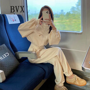 BVX衛(wèi)衣女春秋季運動套裝韓版減齡寬松御姐風(fēng)炸街休閑時尚兩件套潮 杏色 L