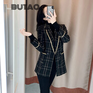 BUTAO格子西裝外套女春秋氣質(zhì)毛呢格紋小西服黑色百搭顯瘦上衣 黑色 M