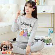 保暖內(nèi)衣女套裝加絨加厚少女韓版可愛中學(xué)生圓領(lǐng)外穿秋衣秋褲保暖套裝 灰色三只小貓 XL（建議體重60-90斤）