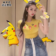 【奧義馳】夏搞怪可愛(ài)顯胸短袖T恤女網(wǎng)紅ins少女卡通短款露臍修身上衣閨蜜裝 皮卡丘 黃色【現貨現發(fā)】 L 110-120斤