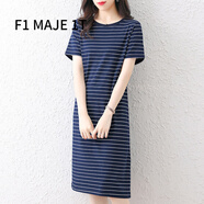 F1MAJE1T高端設(shè)計師品牌連衣裙女條紋T恤裙夏寬松短袖女潮韓版休閑中長款 223藏青色條紋 2XL 建議131-140斤