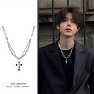戚小米項鏈男潮百搭韓版個(gè)性男士人造珍珠十字架吊墜鎖骨鏈街頭毛衣配飾
