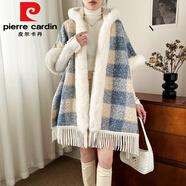 皮爾卡丹（pierre cardin）旗袍披肩斗篷女秋冬季保暖紅色格子外搭加絨加厚毛呢披風(fēng)穿搭大衣 藍大格---【連帽披肩】 加絨