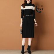 SXA香港潮牌長(cháng)袖針織連衣裙女秋冬新款條紋打底裙過(guò)膝百褶毛衣A字裙 黑色 M