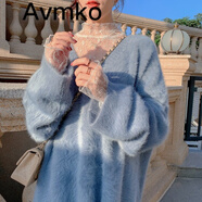 潮牌Avmko毛衣秋冬新款女裝V領(lǐng)寬松毛絨絨針織衫仙女慵懶風(fēng)套頭馬海毛毛衣 軟奶藍(lán) 均碼