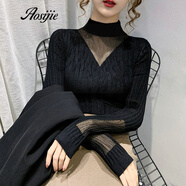 Aosijie輕奢女裝品牌 半高領(lǐng)毛衣女2021年新款天鵝絨拼接蕾絲針織打底衫加厚內(nèi)搭上衣百搭針織衫 黑色 M