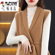 啄木鳥(niǎo)羊.毛針織開(kāi)衫馬甲女秋冬季外穿毛衣背心中長(zhǎng)款寬松收腰坎肩上衣 卡其色 XL