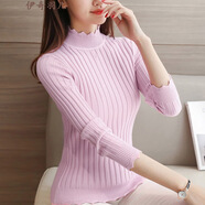 秋裝上衣高領(lǐng)毛衣冬款女裝新款荷葉邊勾花純色打底衫女秋冬針織衫外套女士慵懶風(fēng)小香風(fēng)內(nèi)搭 粉色上衣 均碼