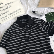 楠語(yǔ)秋韓國ulzzang短袖T恤翻領(lǐng)條紋學(xué)生原宿INS同款情侶裝男女 條紋POLO黑色 S