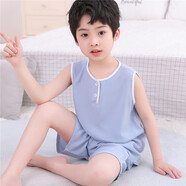 兒童睡衣夏季薄款棉綢夏天背心套裝男童夏裝綿綢寶寶人造棉家居服 無(wú)袖短褲淺藍色 70號建議穿100cm