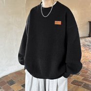 OEMG  半高領(lǐng)毛衣男春秋冬季加絨加厚套頭線衣潮牌寬松打底針織衫外套 黑色 L [建議105-120斤]