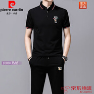 皮爾卡丹（pierre cardin）高端男裝皮爾卡丹輕奢品牌男裝短袖T恤套裝歐貨刺繡純棉T恤衫長(zhǎng)褲 536黑色套裝 L 175碼