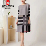 皮爾卡丹（pierre cardin）時尚印花褶皺連衣裙2025春夏新款洋氣小眾設(shè)計感寬松大碼裙子 灰色格子 M 建議100-110斤內(nèi)