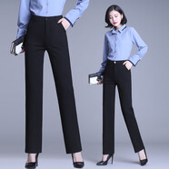 嘜伊衣休閑褲女長(cháng)褲春秋高腰彈力加絨褲子女OL職業(yè)西裝褲韓版顯瘦直筒褲 黑色直筒長(cháng)褲（不加絨） L【建議108-120斤】