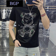BGP潮牌歐美風(fēng)夏季短袖T恤男士卡通小熊燙鉆時尚帥氣潮流休閑修身 黑色 XL