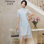 黛娜婭（Dainaya） 旗袍女2025春夏新款大碼女裝中國(guó)風(fēng)日常改良復(fù)古漢服連衣裙 3129 淺藍(lán)色 5XL