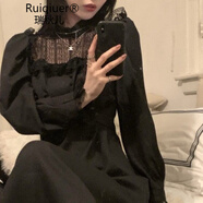 RUIQIUER 法式溫柔風(fēng)蕾絲連衣裙早春新款女裝收腰顯瘦氣質(zhì)中長款打底裙子 蕾絲黑 M