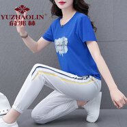 俞兆林媽媽裝冰絲運動套裝夏裝女2024新款夏天跑步服休閑短袖七分褲兩 藍色[長褲套裝] M (建議80-95斤)