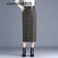vuzrmm輕奢女裝品牌格子毛呢一步裙秋冬中長(cháng)款半身裙女2021新款高腰格紋包臀開(kāi)叉裙子 深色格子-毛呢面料(裙長(cháng)79cm) M腰圍2.0尺