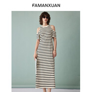 法曼萱（FAMANXUAN）純棉條紋針織收腰連衣裙女小個子夏季新款露肩時髦長裙 經(jīng)典杏黑條 M 165/88A