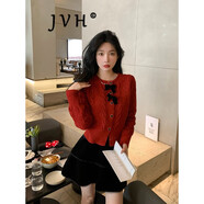 JVH香港潮牌新年紅針織衫毛衣女 2025春季新款小香風(fēng)紅色開衫短外套 酒紅色 XS