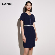 藍(lán)地（LANDI）【三醋酸】圓領(lǐng)收腰短袖連衣裙女年夏季新款裙子 藏青色 M