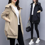俏婷朵2021春季韓版夾克女寬松休閑連帽風衣女時尚中長款小個子黑色氣質 卡其色 L 建議110-120斤