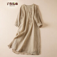 子牧棉麻夏裝 女文藝復(fù)古連衣裙甜美刺繡圓領(lǐng)七分袖寬松舒適裙衫2962 卡其色 L(建議110-120斤)