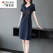 啄木鳥輕奢高端棉裙子短袖A字連帽連衣裙夏季女中長款休閑運動T恤 藏青色【三根羽毛】 XL