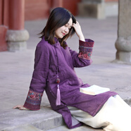 亂在江南古典亞麻繡花夾棉保暖棉服女中長款冬季新品中式立領(lǐng)斜襟棉衣 紫色 L