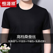 恒源祥2025夏季短袖t恤男桑蠶絲圓領(lǐng)半截袖中年體恤真絲純色衣服 黑色 XL 175建議135至155斤