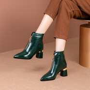足顏冬季高跟鞋女短靴粗跟尖頭牛漆皮短筒顯瘦百搭紅色馬丁靴大小碼歐美中女靴子春秋單靴 墨綠色單里 34