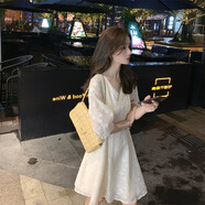 miss nitaly夏季新款法式復(fù)古小眾桔梗裙子女小個(gè)子收腰顯瘦泡泡袖連衣裙子 杏色 M94-103斤
