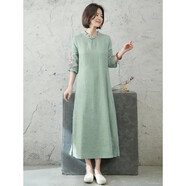 WVHK棉麻刺繡茶服女禪意寬松長裙文藝中國民族風(fēng)連衣裙夏中式復(fù)古女裝 豆綠 L建議(115-130斤)