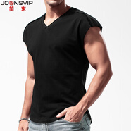 簡(jiǎn)束（JOONSVIP）無袖T恤男反穿寬松運(yùn)動(dòng)健身V領(lǐng)毛邊前短后長(zhǎng)純色棉質(zhì)男士寬肩背心 黑色 M /55-65kg左右