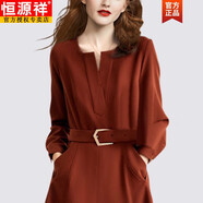 恒源祥赫本風黑色v領長袖連衣裙女春收腰顯瘦感法式墜感裙漂亮裙子 紅色 L -110斤