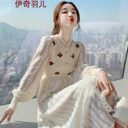 伊奇羽兒秋裝刺繡毛衣裙秋冬季連衣裙子女裝針織小香風新品打底修身蕾絲 杏色 【】 S 【】