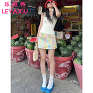 樂雅秀美式復(fù)古彩色印花高腰半身裙女夏季2024新款甜辣a字顯瘦包臀短裙 彩色油畫 M 建議105-120斤