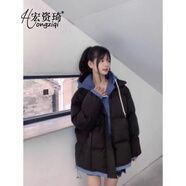 宏資琦羽絨棉服女2025冬季新款學(xué)生連帽棉衣棉襖外套小個(gè)子加厚面包服潮 黑色 M
