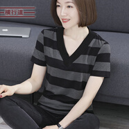 橫行道2024夏裝V領粗橫條紋休閑女裝寬松短袖上衣打底衫內(nèi)搭半袖t恤 黑灰 M