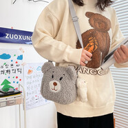 好奇貓 2020新款帆布包女韓國新款ins軟糯可愛少女小羊包日系斜挎包羊羔毛絨小挎包萌學生斜挎包女 款二灰色【帶小熊掛件】