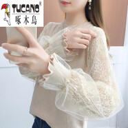 啄木鳥(niǎo)新款秋冬女裝2025蕾絲袖低領(lǐng)加絨打底衫針織上衣洋氣毛衣寬松外穿 杏色 XL