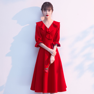 塞德勒敬酒服小個(gè)子平時(shí)可穿結(jié)婚新娘回門秋季酒紅色連衣裙宴會晚禮服女 大紅色中長款 L