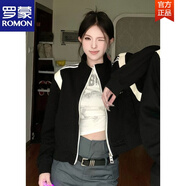 羅蒙（ROMON）美式復(fù)古棒球服春秋新款寬松百搭黑白拼色夾克情侶裝一長(zhǎng)一短外套 黑色短款外套 S