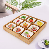 NUOLIKES 竹制干果盤(pán)日式分格陶瓷調味碟零食拼盤(pán)客廳果盤(pán)酒吧ktv點(diǎn)心碟 九宮格竹盒+9瓷碗套裝