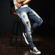 索皇 新款破洞牛仔褲男士修身潮牌小腳街頭潮流嘻哈彈力刺繡乞丐褲時(shí)尚百搭發(fā)廊造型師貼布印花休閑褲子 817藍色刺繡印花 31碼(推薦128-138斤修身)