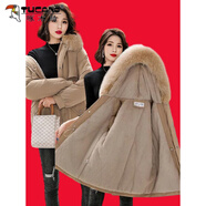 啄木鳥(niǎo)加絨加厚派克服外套女士冬季2025新款中長(cháng)款棉衣收腰棉服大碼棉襖 卡其色 加絨加厚 XL 125-140斤